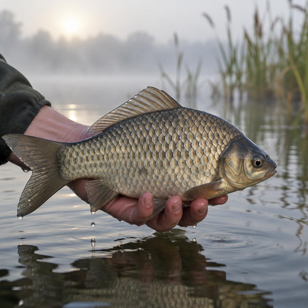 Giebel met zilverachtig-bronzen lijf boven het wateroppervlak