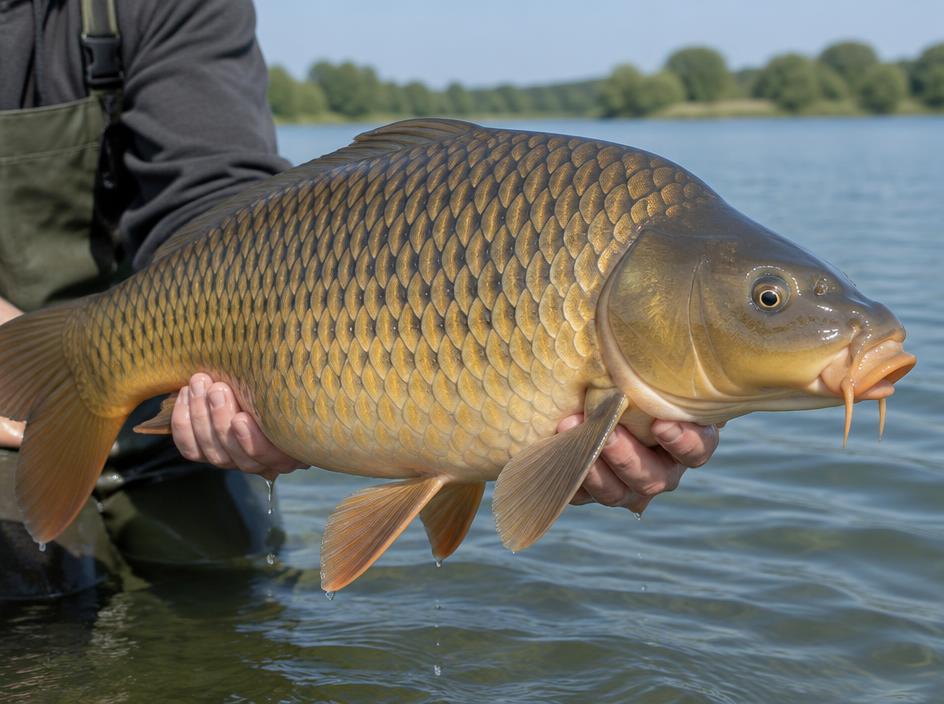 Goudbruine karper met ronde snuit en baarddraden boven het water