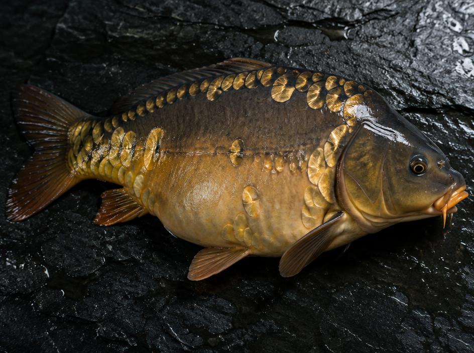 Spiegelkarper met grote verspreide goudbruine schubben