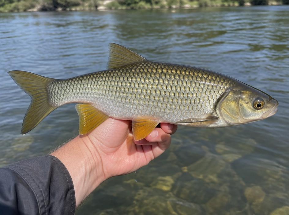 Winde met groenachtig-bronzen rug en gele vinnen boven het water