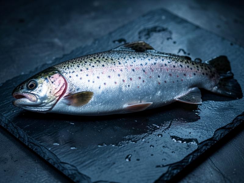 Grote zalmforel op een donker leisteen